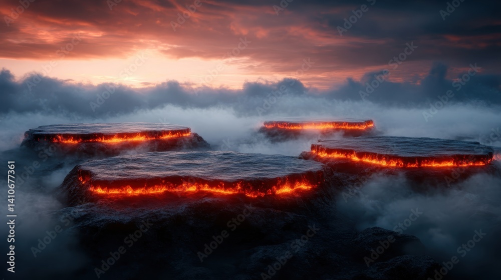 This stunning image depicts glowing lava platforms emerging from a thick layer of fog, illustrating the beauty of nature's raw power and the mystique of the volcanic landscape.