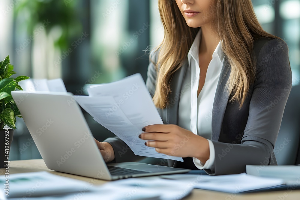 Businesswoman reviewing documents at her desk. Businesswoman reviewing documents at her desk.