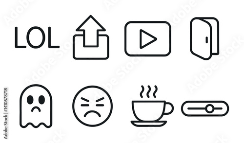 Set of simple line icons: play, coffee, emotions, upload, door, ghost.
