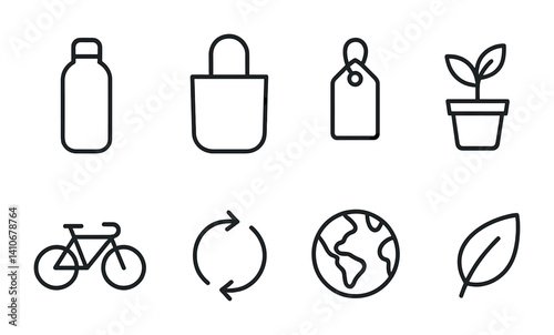Eco-friendly icons: bottle, bag, tag, plant, bicycle, recycling, globe, leaf.