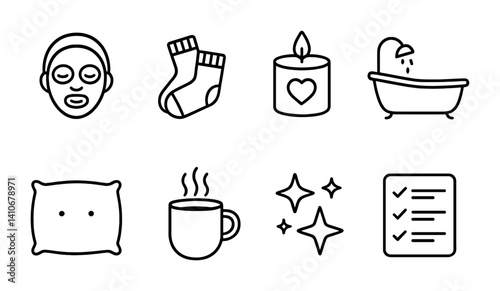 Self-care icons: face mask, cozy socks, candle, bathtub, pillow, coffee, sparkles, checklist.
