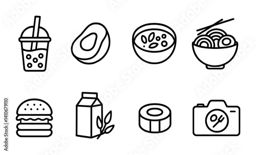 Line art icons of bubble tea, avocado, cereal, ramen, burger, milk, sushi, camera.