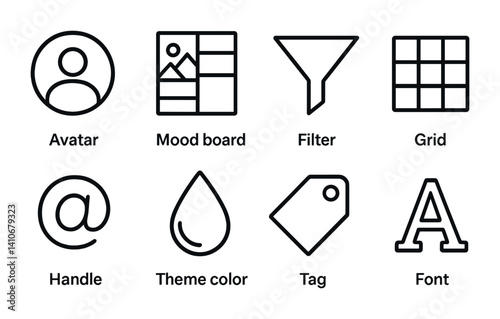 Minimalist icon set featuring avatar mood board filter grid handle theme color tag font.