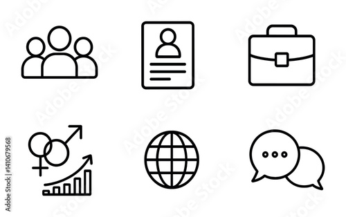 Icons representing teamwork, identity, career, growth, globalization, and communication.