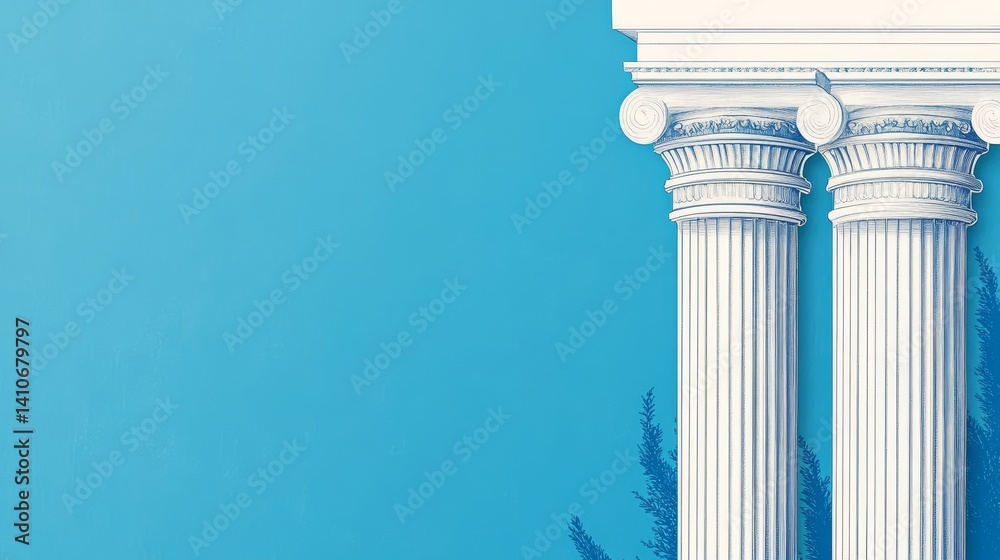 Two Ionic Columns on Blue Minimalist Architectural Illustration, Greek Design, White Pillars Keywords Architecture, Illustration Two Ionic Columns on Blue Minimalist Architectural Illustration, Greek Design, White Pillars Keywords Architecture, Illustration