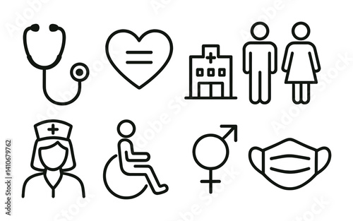 Healthcare icons set: stethoscope, heart, hospital, accessibility, gender, mask, nurse.