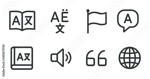 Language and communication icons set: translation, flag, speech, book, globe, audio, quotation marks.