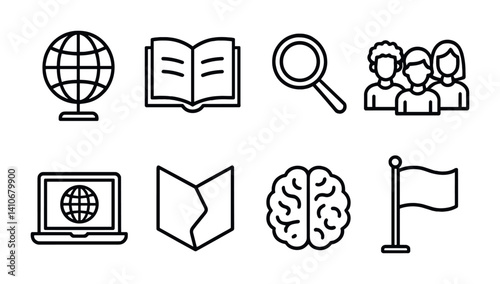 Global education icons: globe, book, magnifying glass, people, laptop, map, brain, flag.