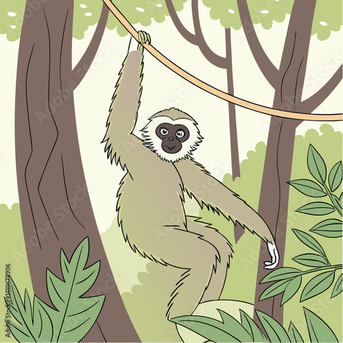 Vector illustration of the Hoolock Gibbon, an ape species native to the dense forests of Northern India, showcasing its unique features and natural beauty.