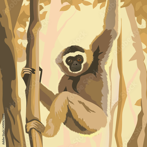 Vector illustration of the Hoolock Gibbon, an ape species native to the dense forests of Northern India, showcasing its unique features and natural beauty.