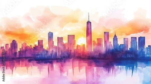 Watercolor Cityscape Sunset Silhouette Vibrant Hues, Reflective Water, Urban Skyline, New York City Cityscape, Watercolor Painting