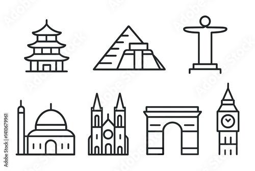 Iconic landmark symbols featuring pagoda pyramid christ statue mosque cathedral arch clock tower.