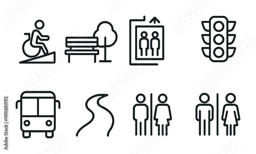 Universal accessibility symbols: wheelchair, bench, elevator, traffic lights, bus, curved road, restrooms.
