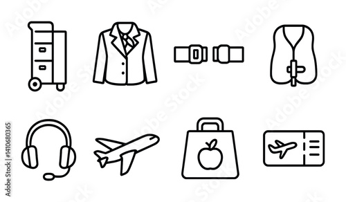 Air travel essentials: cart, suit, belt, vest, headset, plane, bag, ticket icons.