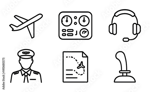 Aviation symbols: airplane, instrument panel, headset, pilot, flight plan, joystick.
