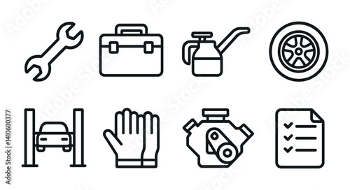 Automotive icons: tools, engine, car lift, gloves, oil can, tire, checklist.