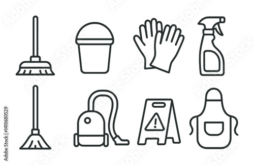 Cleaning tools set: mop, bucket, gloves, spray bottle, vacuum, caution sign, apron.