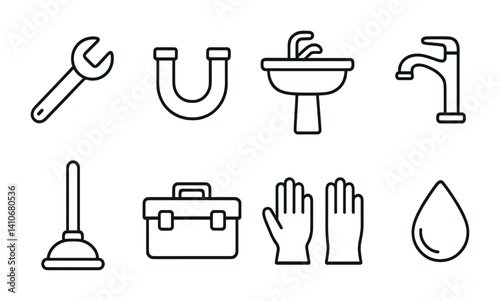 Plumbing tools and fixtures icons set - vector line art collection.