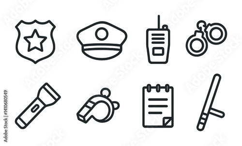 Police icons: badge, cap, radio, handcuffs, flashlight, whistle, notebook, baton.