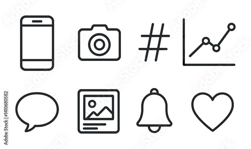Set of social media icons: smartphone, camera, hashtag, graph, speech bubble, photo, bell, heart.