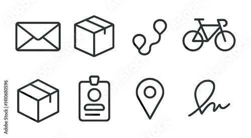 Simple line icons: mail, package, route, bicycle, id, map, signature.