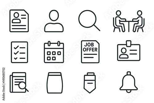 Job search icons set: resumes, interviews, job offers, and more.