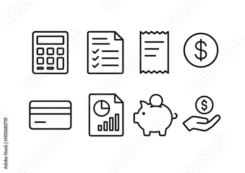 Financial icons set: calculator, documents, dollar, credit card, savings.