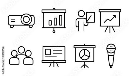 Presentation icons: projector, charts, speaker, audience, microphone.
