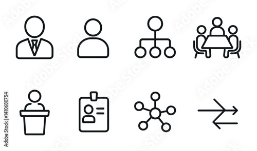 Set of business and management icons in simple black line style.