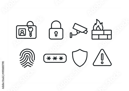 Security icons set featuring lock, camera, firewall, and warning symbols.
