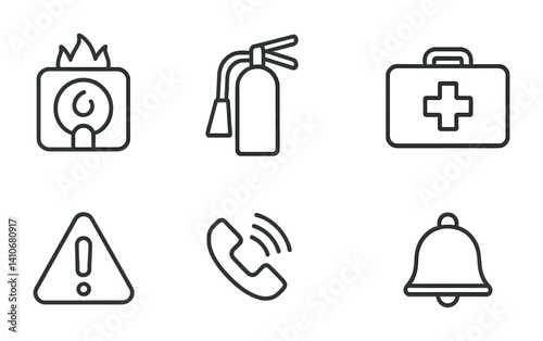 Fire safety and emergency icons: fire extinguisher, first aid, warning, phone, bell symbols.