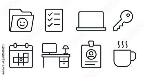 Office icon set: folder, checklist, laptop, key, calendar, desk, id badge, coffee.