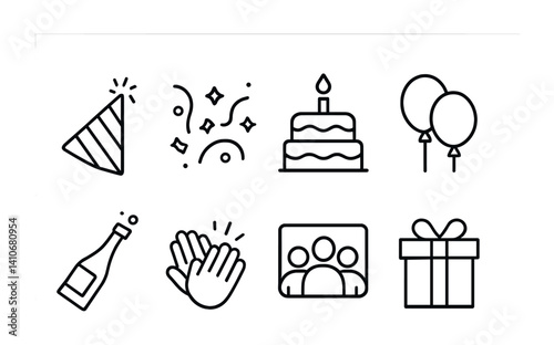 Party celebration icons: cake, balloons, gift, clapping, confetti.