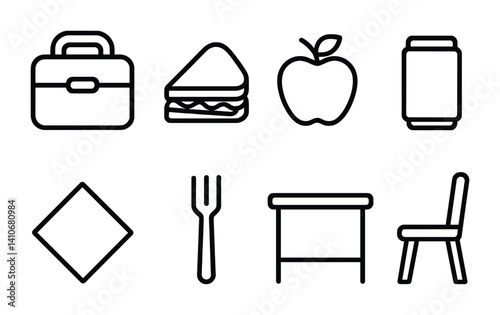 Black and white icons: lunchbox, sandwich, apple, soda, napkin, fork, desk, chair.