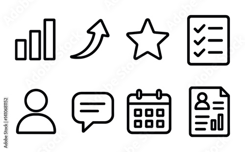 Business icons: bar graph, arrow, star, checklist, user, speech bubble, calendar, resume.