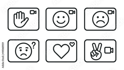 Simple line icons: hand, smile, sadness, confusion, heart, peace with camera symbol.