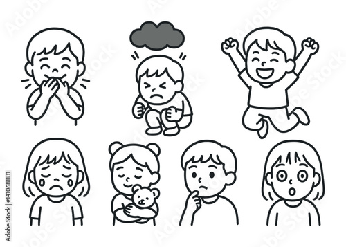 Various emotional expressions of asian children in black and white illustrations.