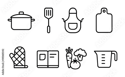 Kitchen utensil icons: pot, spatula, apron, and cutting board line art series.