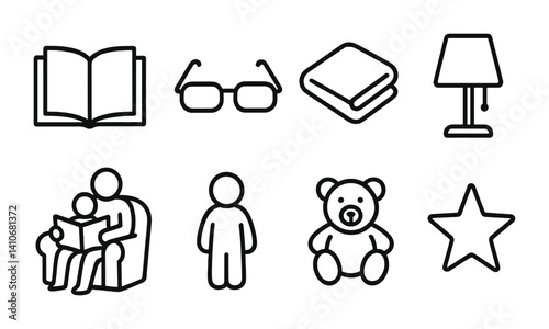 Set of simple icon illustrations: book, glasses, lamp, family, bear, star.