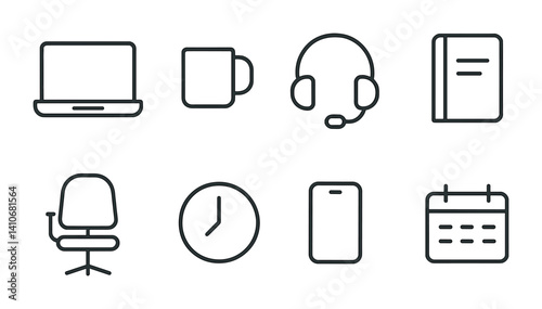 Minimalist office icons: laptop, coffee, headset, notebook, chair, clock, smartphone, calendar.