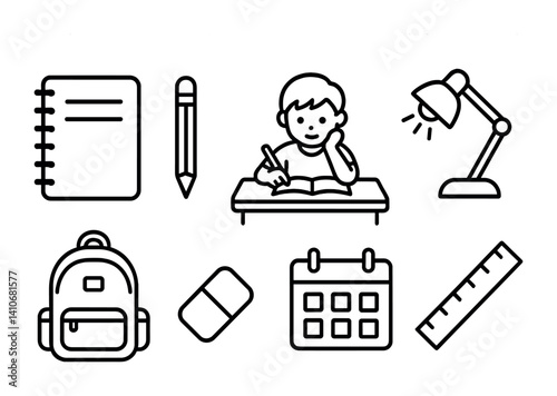 School essentials icons with child studying at desk and various supplies.