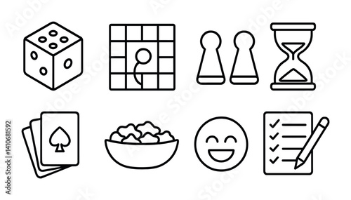 Board game icons collection: dice, hourglass, cards, checklist, and more symbols.