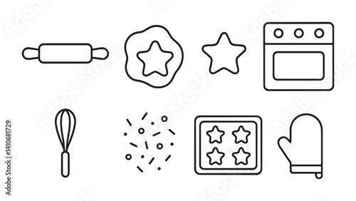 Baking icons: rolling pin, cookie cutter, oven, whisk, sprinkles, baking tray, oven mitt.