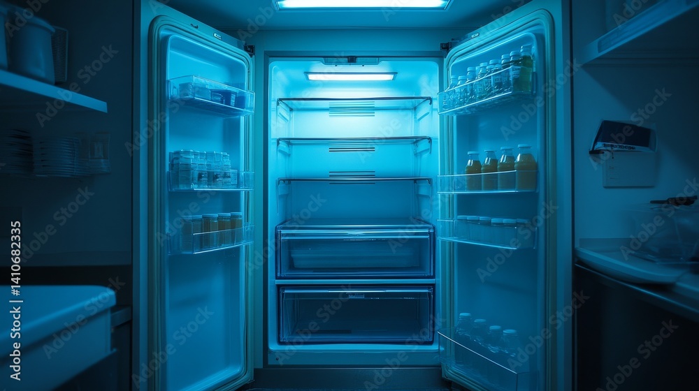 The commercial freezer is empty, featuring clean shelves and bright lighting The commercial freezer is empty, featuring clean shelves and bright lighting