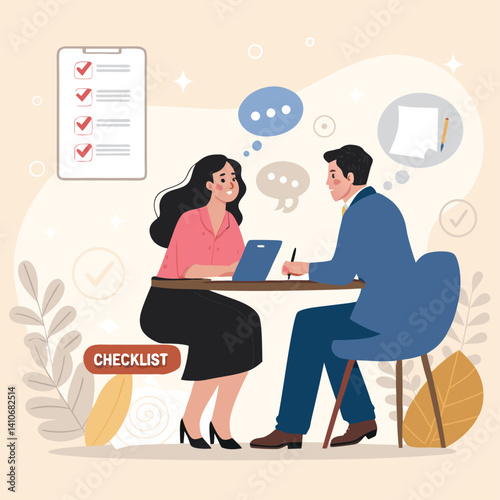 Two Business People Having A Meeting With Checklist And Thought Bubble Concept In Warm Tone Background Vector Illustration
