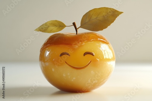 A happy, caramel-coated apple with leaves, a cheerful 3D rendered illustration.