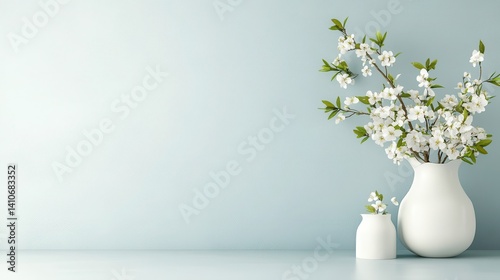 Wallpaper Mural A stunning display of white flowers in a white vase against a soft blue backdrop creates a serene atmosphere, enhancing the aesthetic beauty of any space. Torontodigital.ca