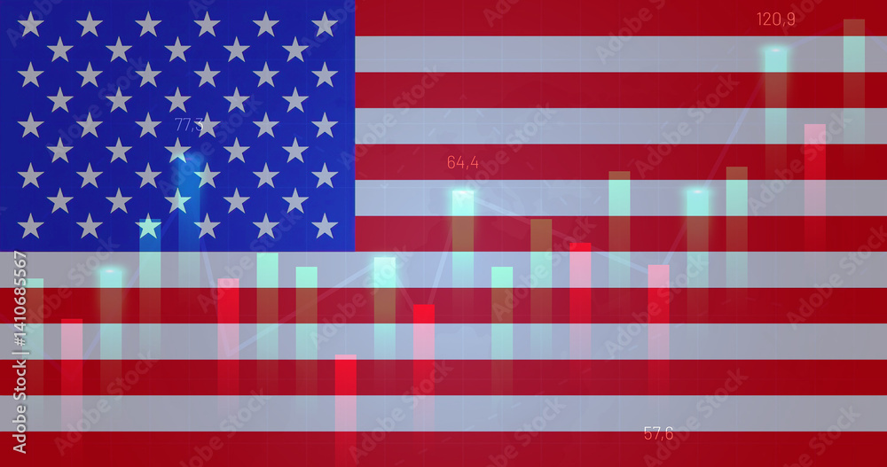 Naklejka premium US Flag with a stock bar chart overlay