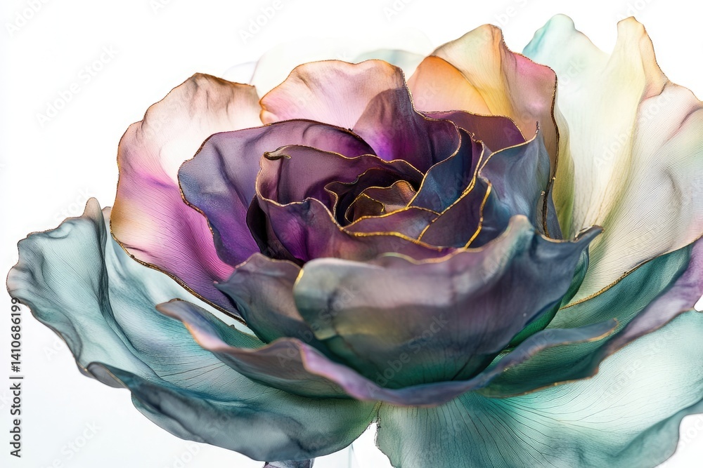 Obraz premium A mesmerizing iridescent silk rose, delicately crafted with gold accents, showcasing a captivating blend of colors and textures.