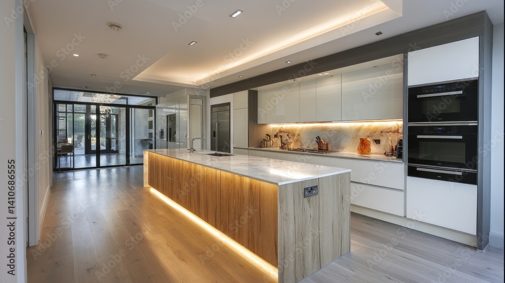 Obraz premium Modern two-tone kitchen with concealed lighting